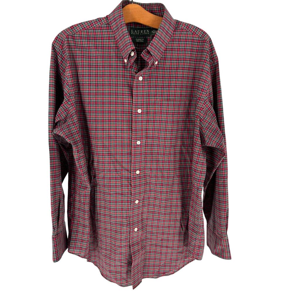 Lauren Ralph Lauren Red Plaid Button Up Shirt Classic Fit Non Iron Size 16 32/33